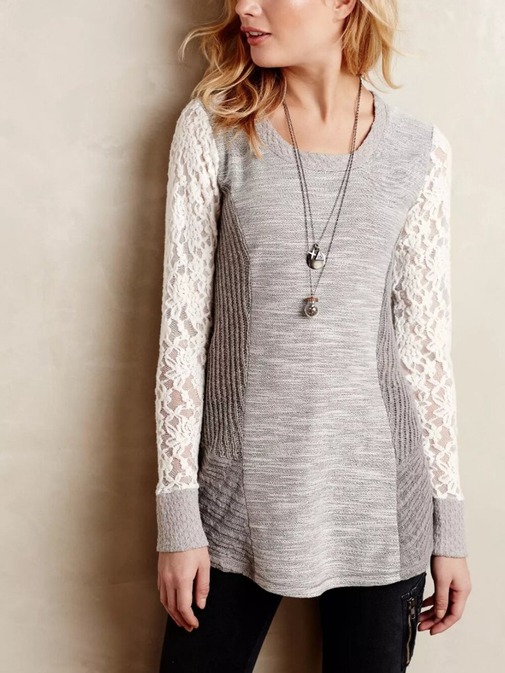 Saturday Sunday Anthropologie grey cream lace sleeves sweater Greylace Pullover